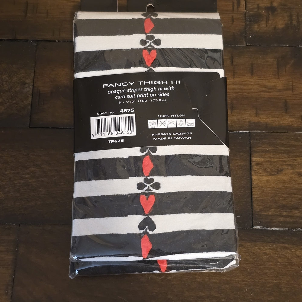 Music Legs Thigh Hi Opaque Stripes With Card Suit On Both Sides NWT - Picture 2 of 2